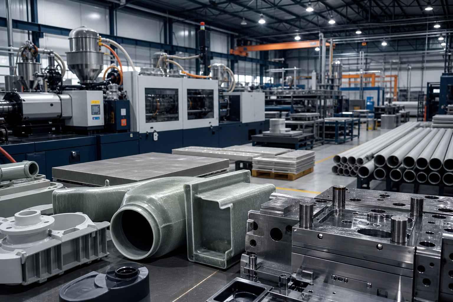 Plastic and FRP manufacturing machinery with mould tooling and pipe products